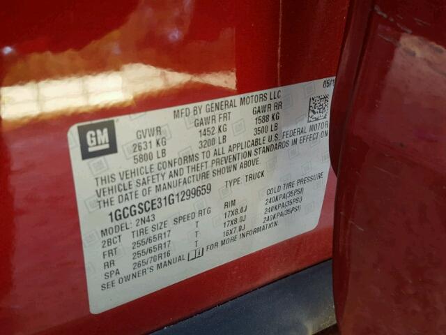 1GCGSCE31G1299659 - 2016 CHEVROLET COLORADO L MAROON photo 10
