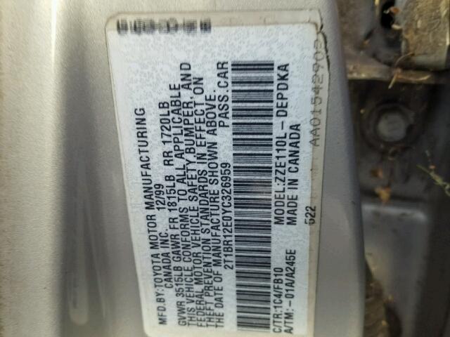 2T1BR12E0YC326959 - 2000 TOYOTA COROLLA VE SILVER photo 10