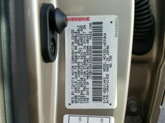 JTDBF30KX20055956 - 2002 TOYOTA CAMRY LE 金色 照片 10
