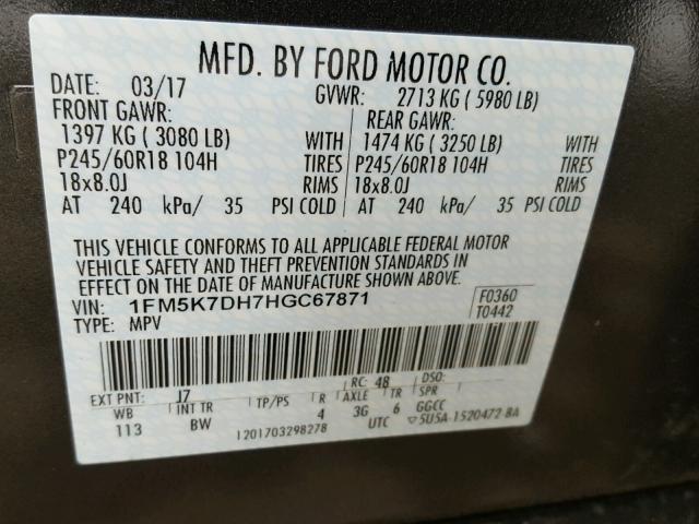 1FM5K7DH7HGC67871 - 2017 FORD EXPLORER X GRAY photo 10