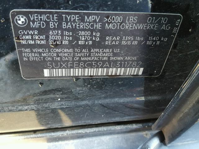 5UXFE8C59AL311782 - 2010 BMW X5 XDRIVE4 BLACK photo 10