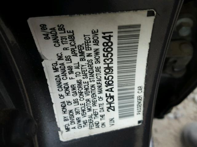 2HGFA16519H356841 - 2009 HONDA CIVIC LX GRAY photo 10