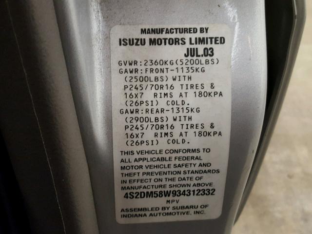 4S2DM58W934312332 - 2003 ISUZU RODEO S SILVER photo 10