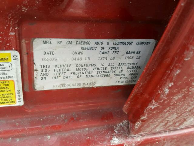 KL1TD66E39B664910 - 2009 CHEVROLET AVEO LS BURGUNDY photo 10