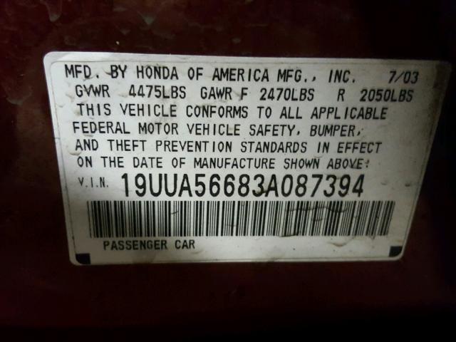 19UUA56683A087394 - 2003 ACURA 3.2TL RED photo 10