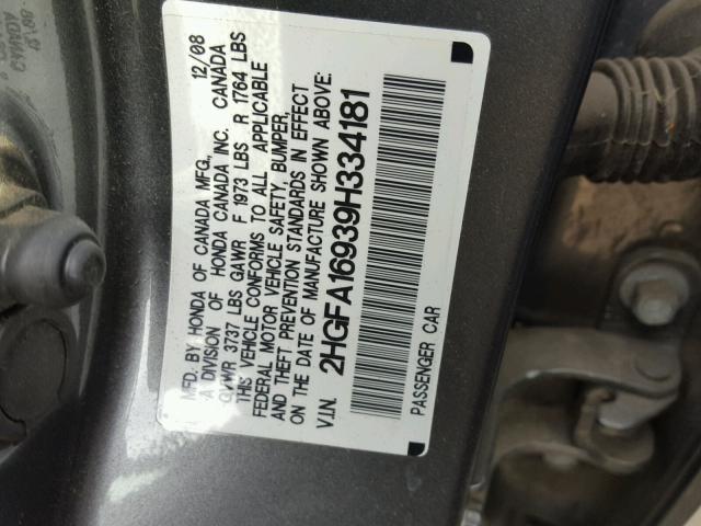 2HGFA16939H334181 - 2009 HONDA CIVIC EXL 灰色 照片 10