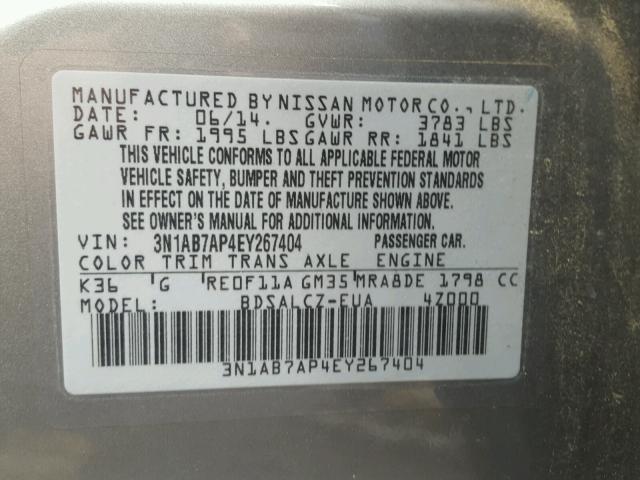 3N1AB7AP4EY267404 - 2014 NISSAN SENTRA S SILVER photo 10