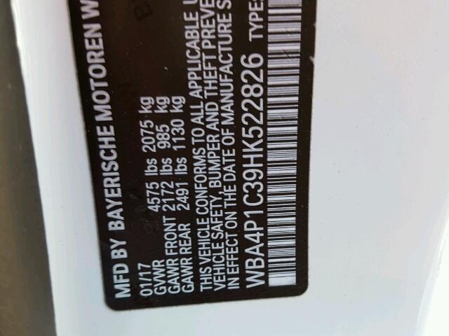 WBA4P1C39HK522826 - 2017 BMW 440I WHITE photo 10