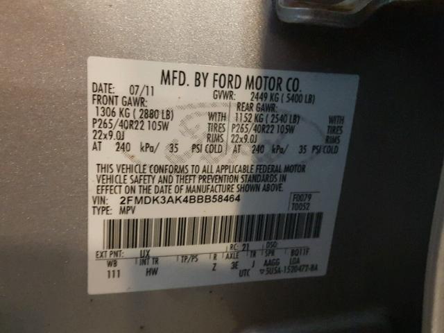 2FMDK3AK4BBB58464 - 2011 FORD EDGE SPORT SILVER photo 10