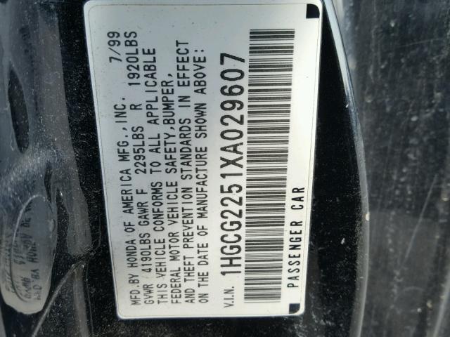 1HGCG2251XA029607 - 1999 HONDA ACCORD EX BLACK photo 10