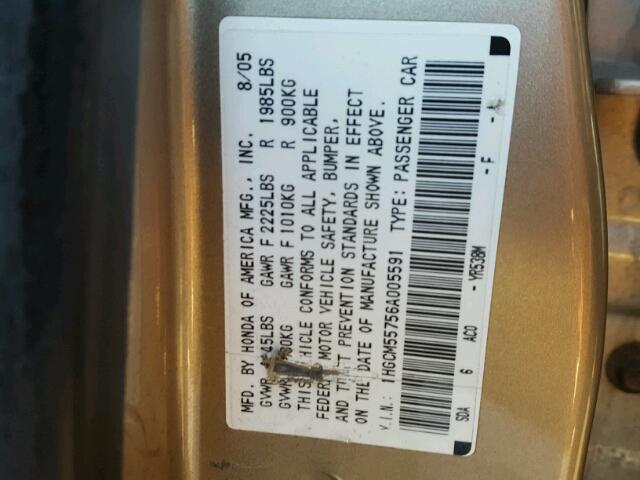 1HGCM55756A005591 - 2006 HONDA ACCORD EX 金色 照片 10