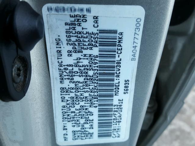 4T1BE32K22U531976 - 2002 TOYOTA CAMRY LE ვერცხლისფერი ფოტო 10