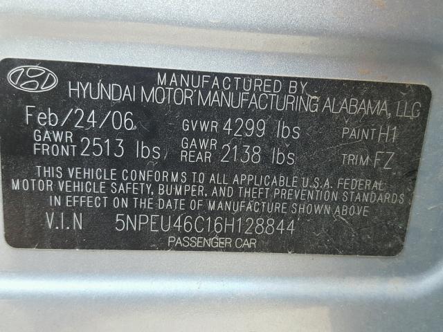 5NPEU46C16H128844 - 2006 HYUNDAI SONATA GLS SILVER photo 10