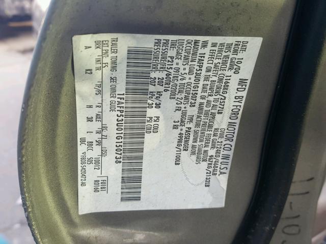 1FAFP53U01G150738 - 2001 FORD TAURUS SE GREEN photo 10