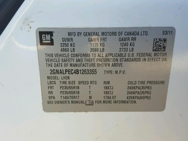 2GNALPEC4B1263355 - 2011 CHEVROLET EQUINOX LT WHITE photo 10