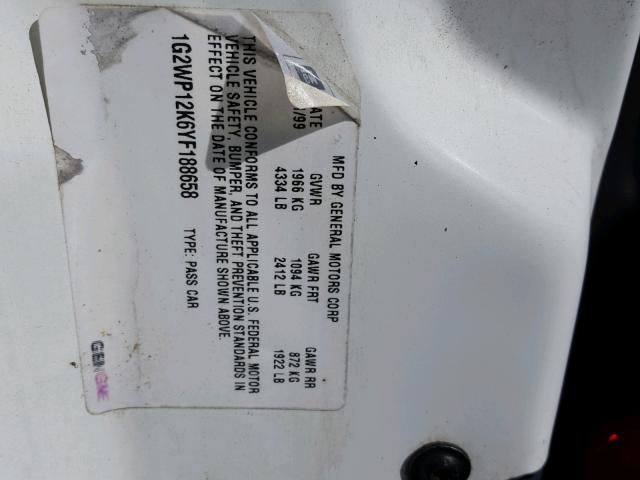 1G2WP12K6YF188658 - 2000 PONTIAC GRAND PRIX თეთრი ფოტო 10