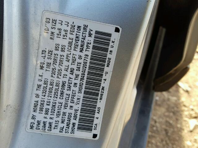 SHSRD78494U206719 - 2004 HONDA CR-V LX SILVER photo 10