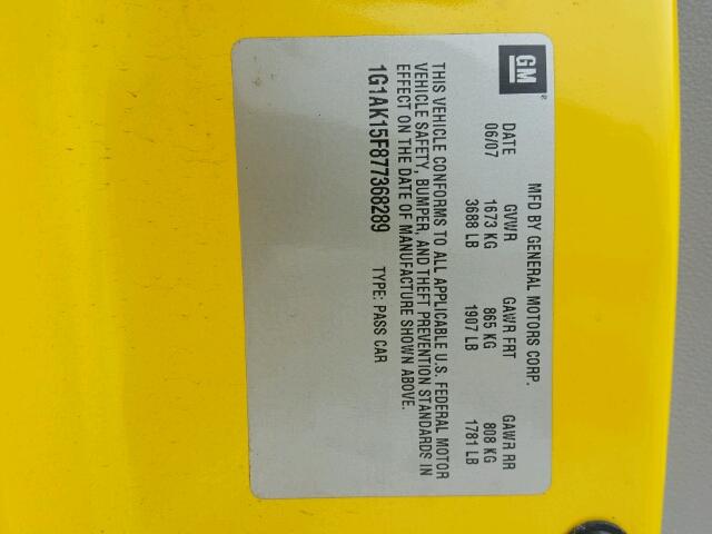 1G1AK15F877368289 - 2007 CHEVROLET COBALT LS YELLOW photo 10