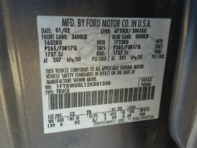 1FTRW08L12KB81248 - 2002 FORD F150 SUPER GRAY photo 10