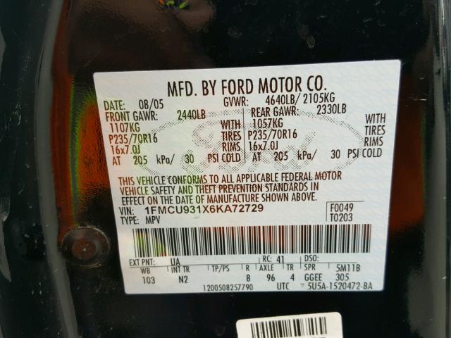 1FMCU931X6KA72729 - 2006 FORD ESCAPE XLT BLACK photo 10