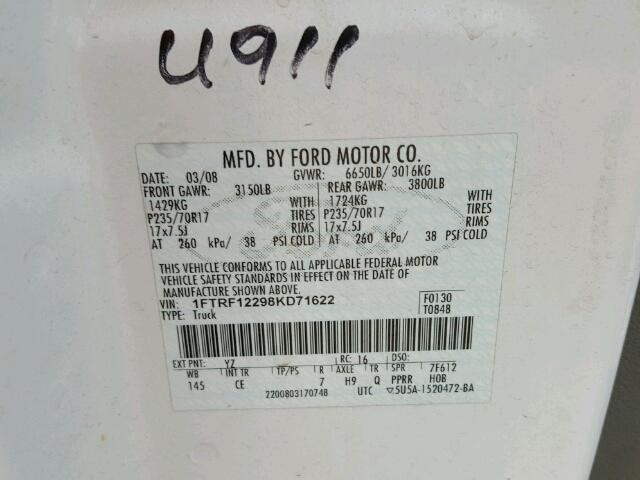 1FTRF12298KD71622 - 2008 FORD F150 WHITE photo 10