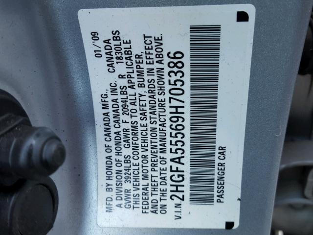 2HGFA55569H705386 - 2009 HONDA CIVIC SI SILVER photo 10