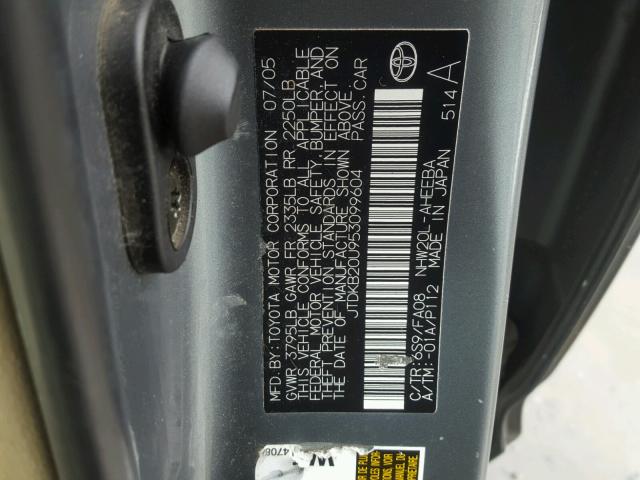 JTDKB20U953099604 - 2005 TOYOTA PRIUS GRAY photo 10