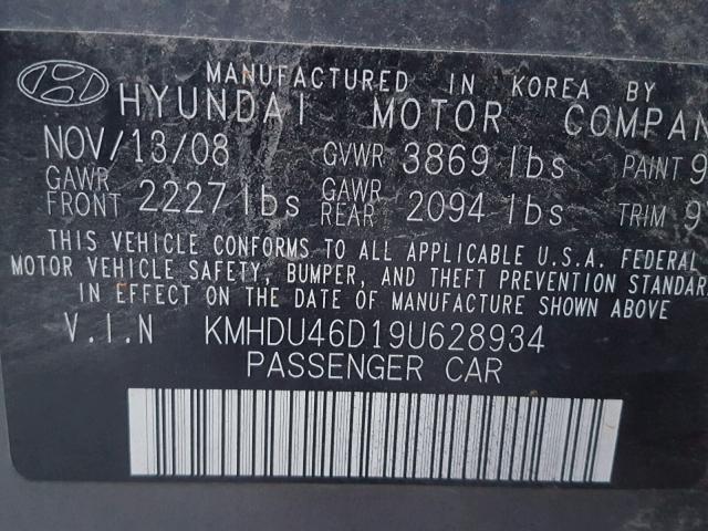 KMHDU46D19U628934 - 2009 HYUNDAI ELANTRA GL GRAY photo 10