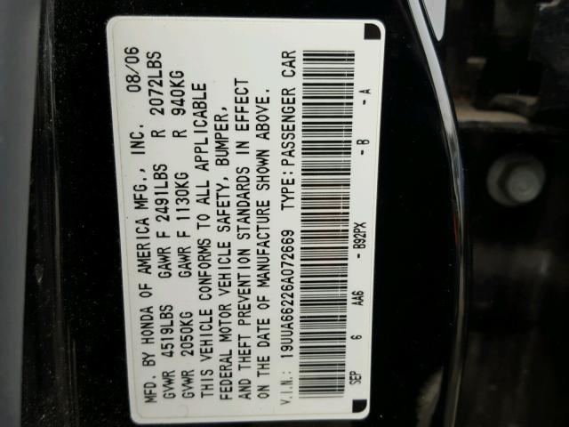 19UUA66226A072669 - 2006 ACURA 3.2TL BLACK photo 10