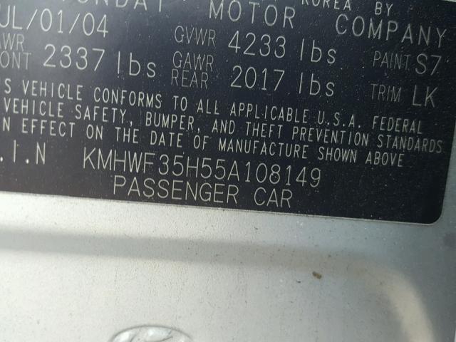 KMHWF35H55A108149 - 2005 HYUNDAI SONATA GLS SILVER photo 10