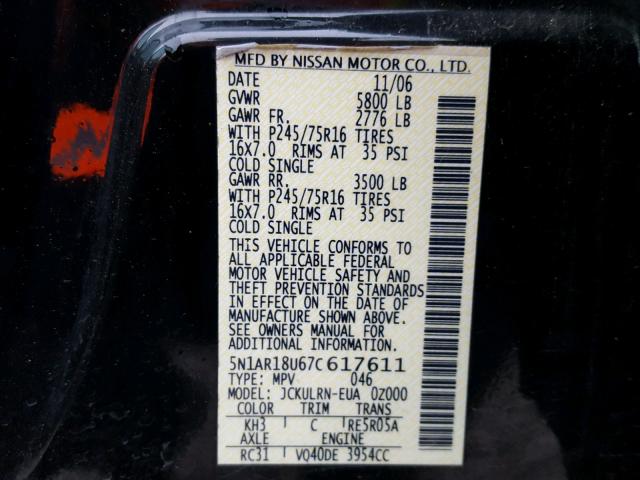 5N1AR18U67C617611 - 2007 NISSAN PATHFINDER შავი ფოტო 10