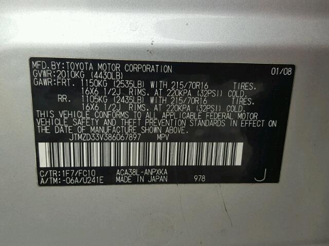 JTMZD33V386067897 - 2008 TOYOTA RAV4 SILVER photo 10