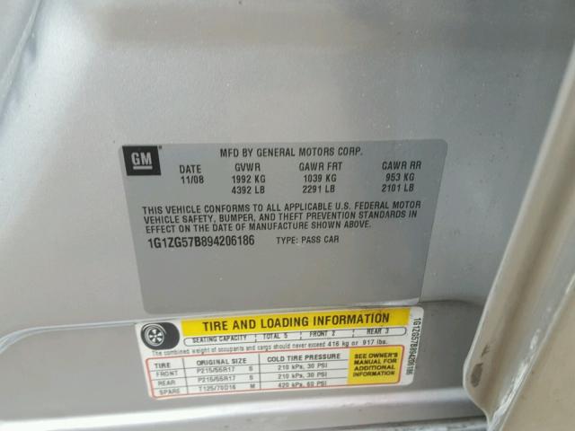 1G1ZG57B894206186 - 2009 CHEVROLET MALIBU LS 银色 照片 10