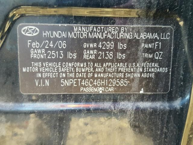 5NPET46C46H129585 - 2006 HYUNDAI SONATA GL BLACK photo 10