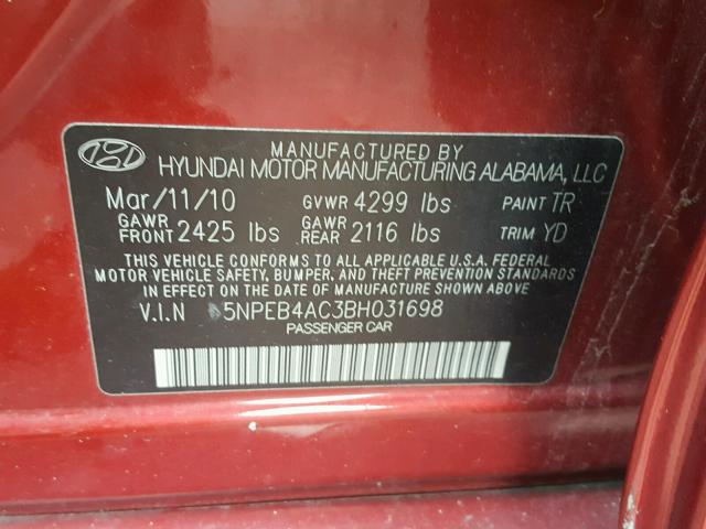 5NPEB4AC3BH031698 - 2011 HYUNDAI SONATA GLS RED photo 10