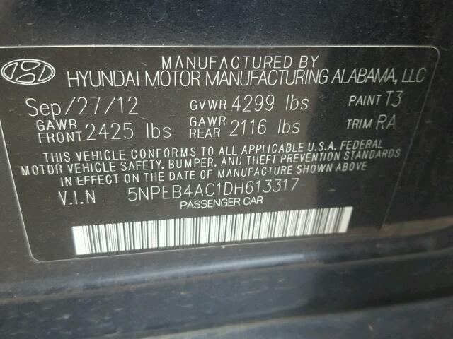 5NPEB4AC1DH613317 - 2013 HYUNDAI SONATA GLS BLACK photo 10