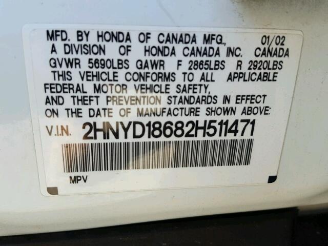 2HNYD18682H511471 - 2002 ACURA MDX TOURIN WHITE photo 10