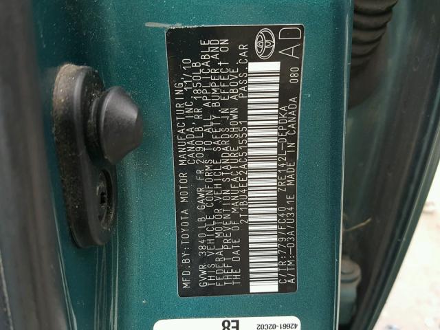 2T1BU4EE2AC515551 - 2010 TOYOTA COROLLA BA GREEN photo 10