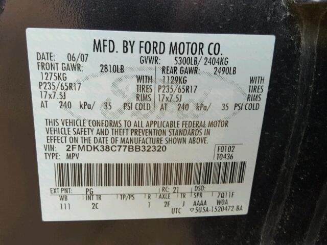 2FMDK38C77BB32320 - 2007 FORD EDGE SEL PURPLE photo 10