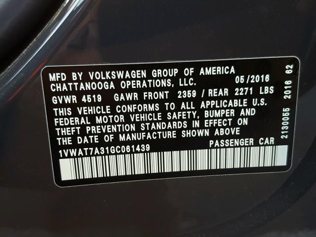 1VWAT7A31GC061439 - 2016 VOLKSWAGEN PASSAT S Grau Foto 10