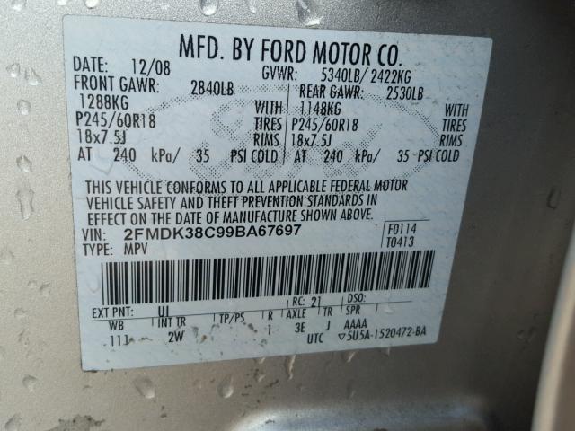 2FMDK38C99BA67697 - 2009 FORD EDGE SEL SILVER photo 10