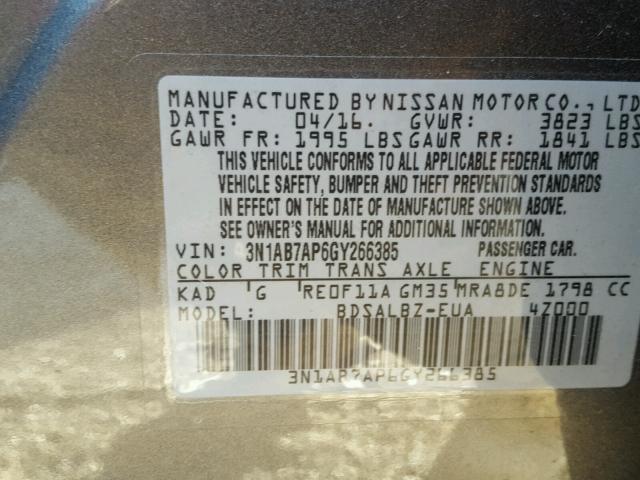 3N1AB7AP6GY266385 - 2016 NISSAN SENTRA S GRAY photo 10