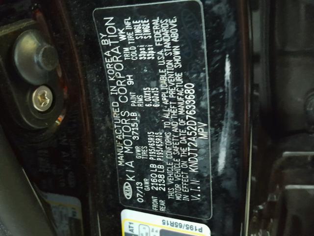 KNDJT2A52D7633680 - 2013 KIA SOUL BLACK photo 10