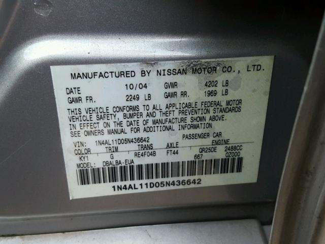 1N4AL11D05N436642 - 2005 NISSAN ALTIMA S SILVER photo 10