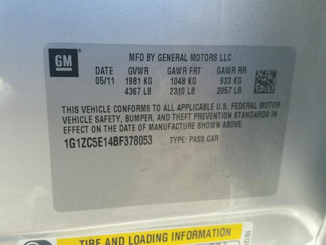 1G1ZC5E14BF378053 - 2011 CHEVROLET MALIBU 1LT 银色 照片 10