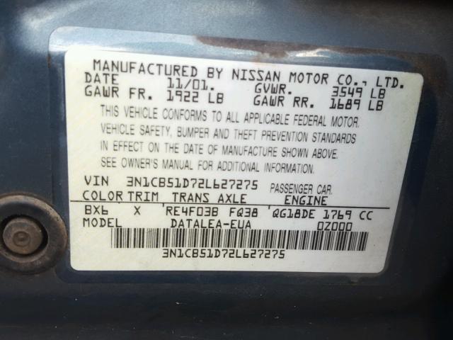 3N1CB51D72L627275 - 2002 NISSAN SENTRA XE BLUE photo 10