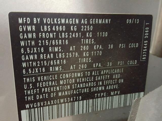 WVGBV3AX0EW534719 - 2014 VOLKSWAGEN TIGUAN S SILVER photo 10