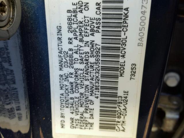 4T1BE32K32U569927 - 2002 TOYOTA CAMRY LE ლურჯი ფოტო 10