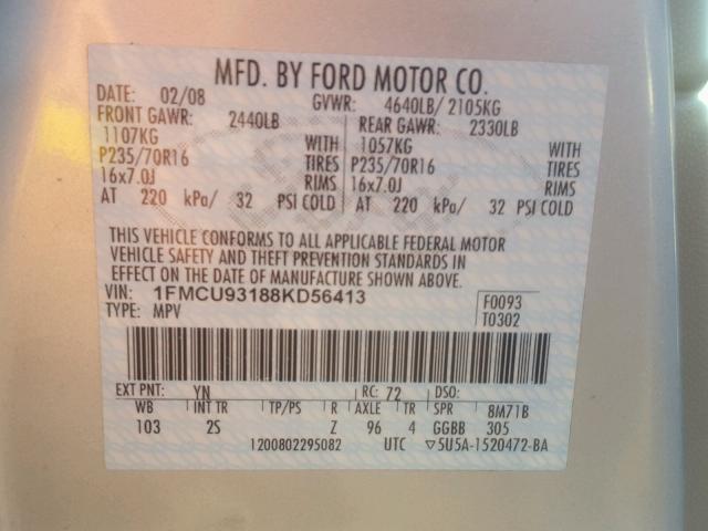 1FMCU93188KD56413 - 2008 FORD ESCAPE XLT SILVER photo 10