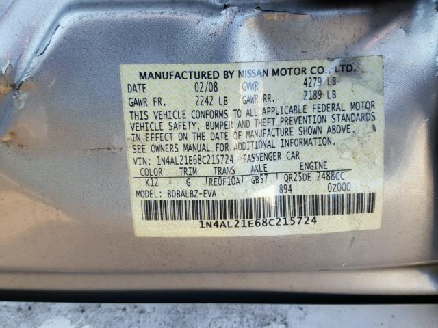 1N4AL21E68C215724 - 2008 NISSAN ALTIMA 2.5 SILVER photo 10